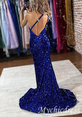 Long Prom Dresses Royal Blue One Shoulder Sequin Evening Gown UK - MyChicDress