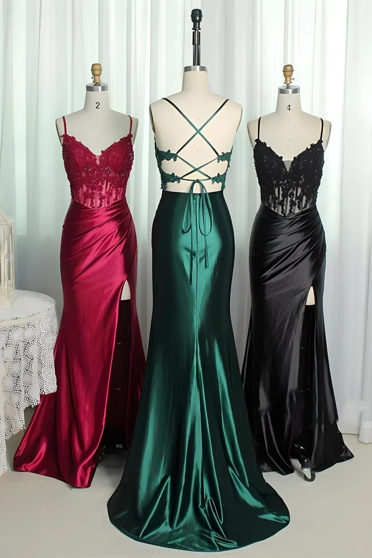 Long Green Evening Dresses Lace Straps Mermaid Ruched Formal Dress Appliques - MyChicDress