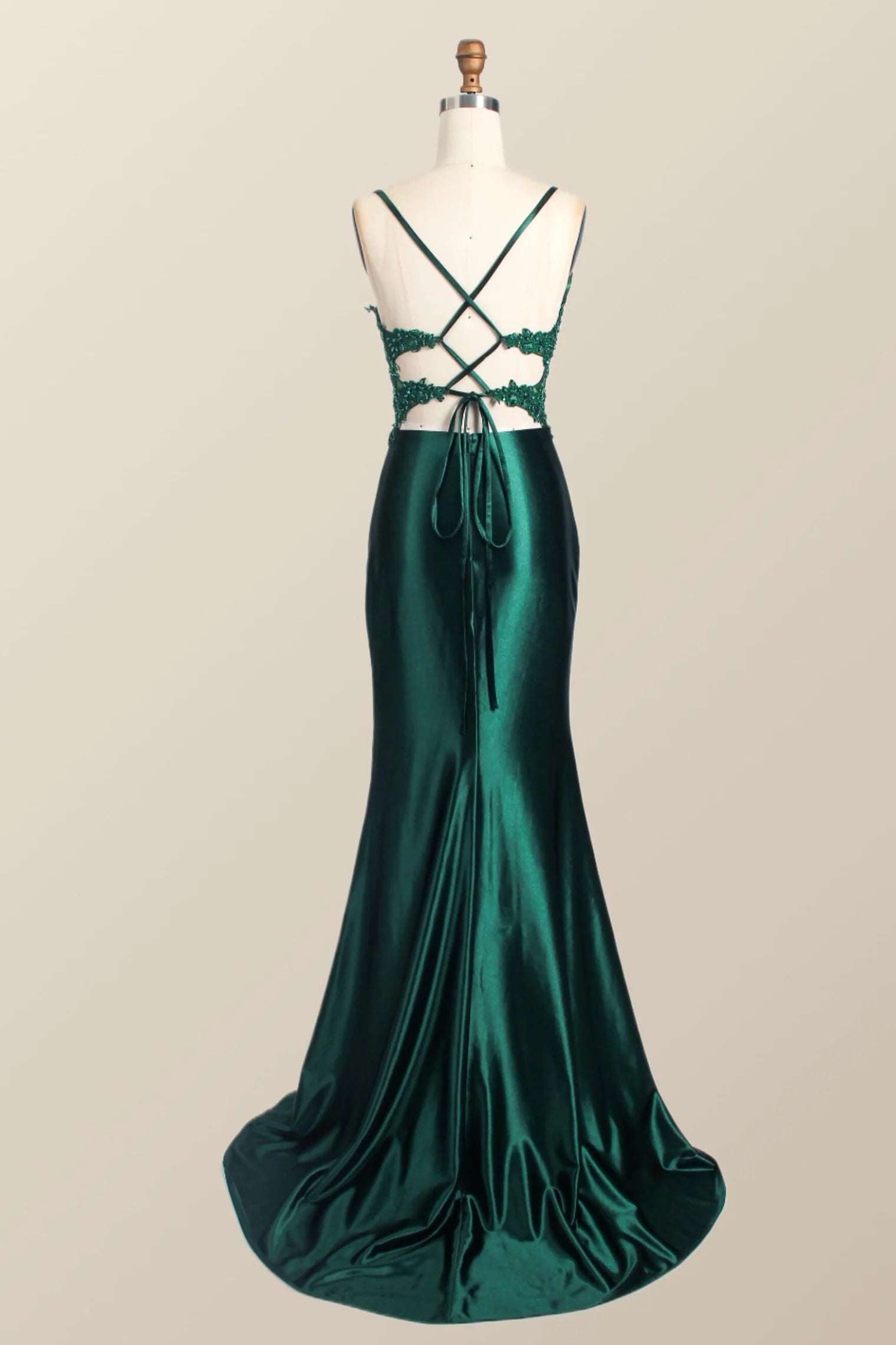 Long Green Evening Dresses Lace Straps Mermaid Ruched Formal Dress Appliques - MyChicDress