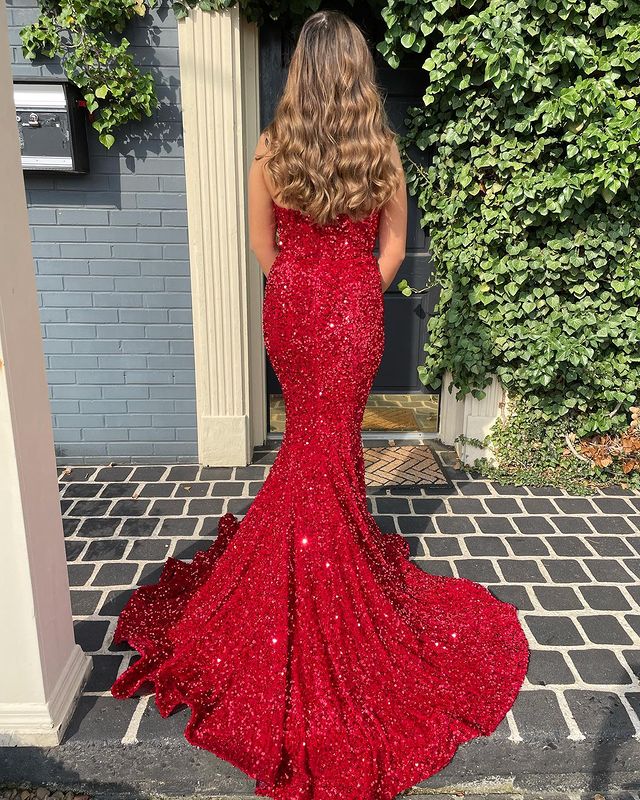 Long Red Prom Dresses Glitter Sequin Mermaid Evening Dress UK - MyChicDress