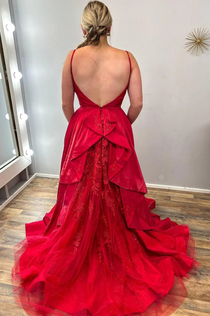 Long Red Satin Evening Dresses V Neck Open Back Lace Train - MyChicDress