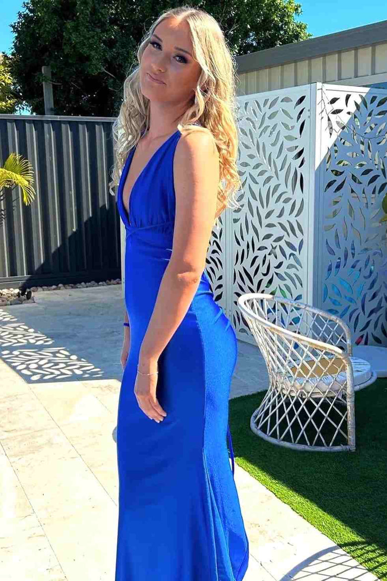 Long Royal Blue Satin Formal Dress Plunging V-Neck Mermaid Sleeveless-Mychicdress