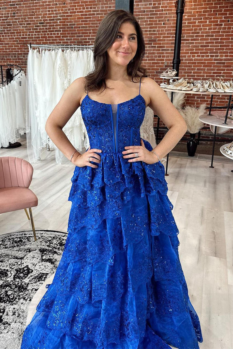 Long Royal Blue Tiered Prom Dress A-Line Sequins Straps - MyChicDress