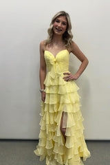 Long Ruffle Straps Yellow Tiered Prom Dress Chiffon -Mychicdress