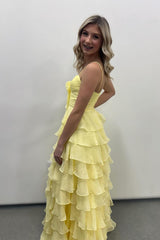 Long Ruffles Straps Yellow Tiered Prom Dress Chiffon -Mychicdress