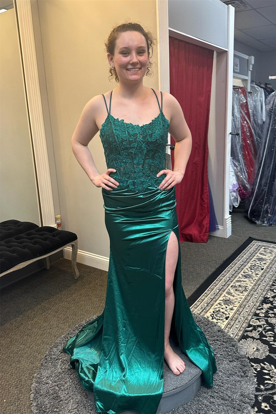 Long Satin Emerald Green Lace Prom Dresses Straps with Slit - MyChicDress