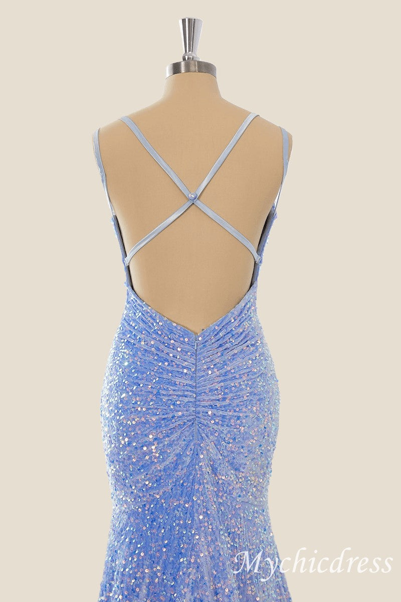 Long Sequin Blue Formal Guest Dresses V Neck Mermaid - MyChicDress