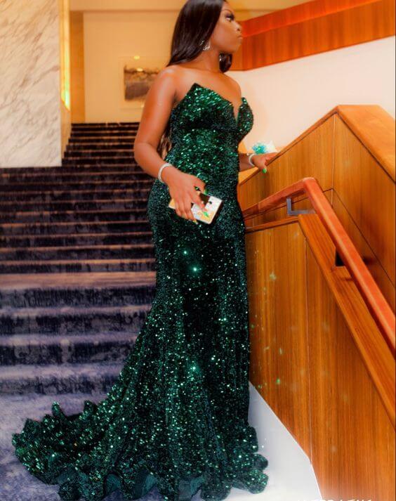 Long Sequin Prom Dress Dark Green Mermaid Formal Dresses Black Women - MyChicDress