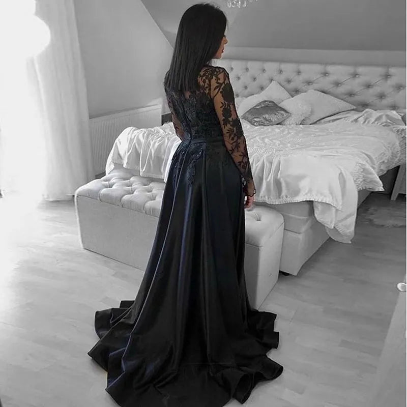 Long Sleeve Black Wedding Gowns High Neck Lace With Split - MyChicDress