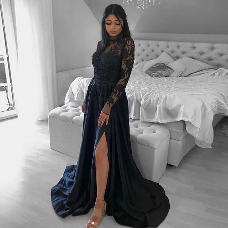 Long Sleeve Black Wedding Gowns High Neck Lace With Split - MyChicDress