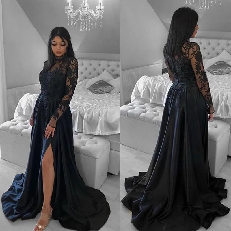 Long Sleeve Black Wedding Gowns High Neck Lace With Split