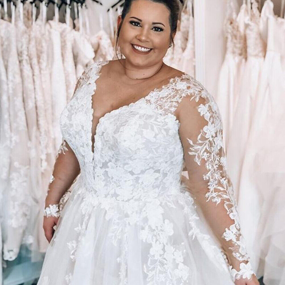 Long Sleeve Beach Plus Size Wedding Dresses Lace V Neck Appliques - MyChicDress