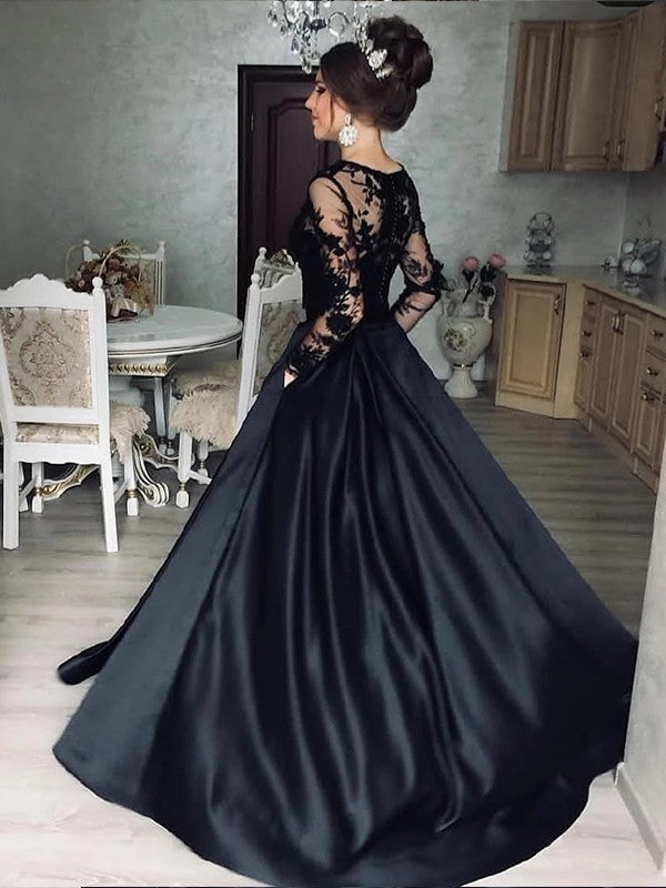 Long Sleeves Black Wedding Dress A-Line Satin Lace Illusion