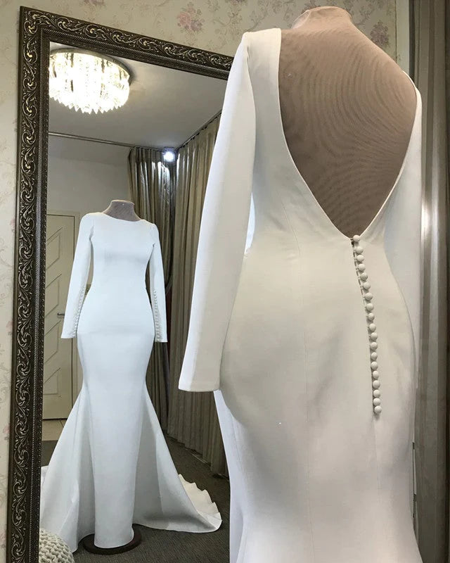 Long Sleeves Satin Minimalist Wedding Dresses Mermaid Open Back - MyChicDress