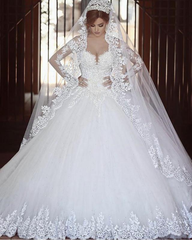 Long Sleeves Vintage Arabic Wedding Dresses Lace Tulle Ball Gowns