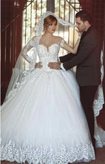 Long Sleeves Vintage Arabic Wedding Dresses Lace Tulle Ball Gowns