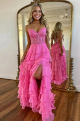 Vestidos formales largos de color rosa con gradas Vestido de fiesta de encaje con corsé Línea A