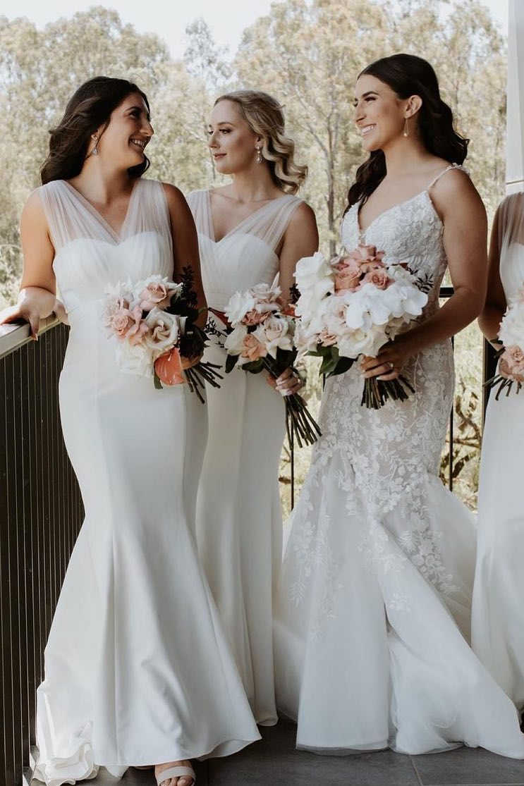 Long Tulle V-Neck Mermaid Boho White Bridesmaid Dresses - MyChicDress