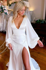 Long White Wedding Dresses V-Neck Slit with Sleeves Backless - MyChicDress