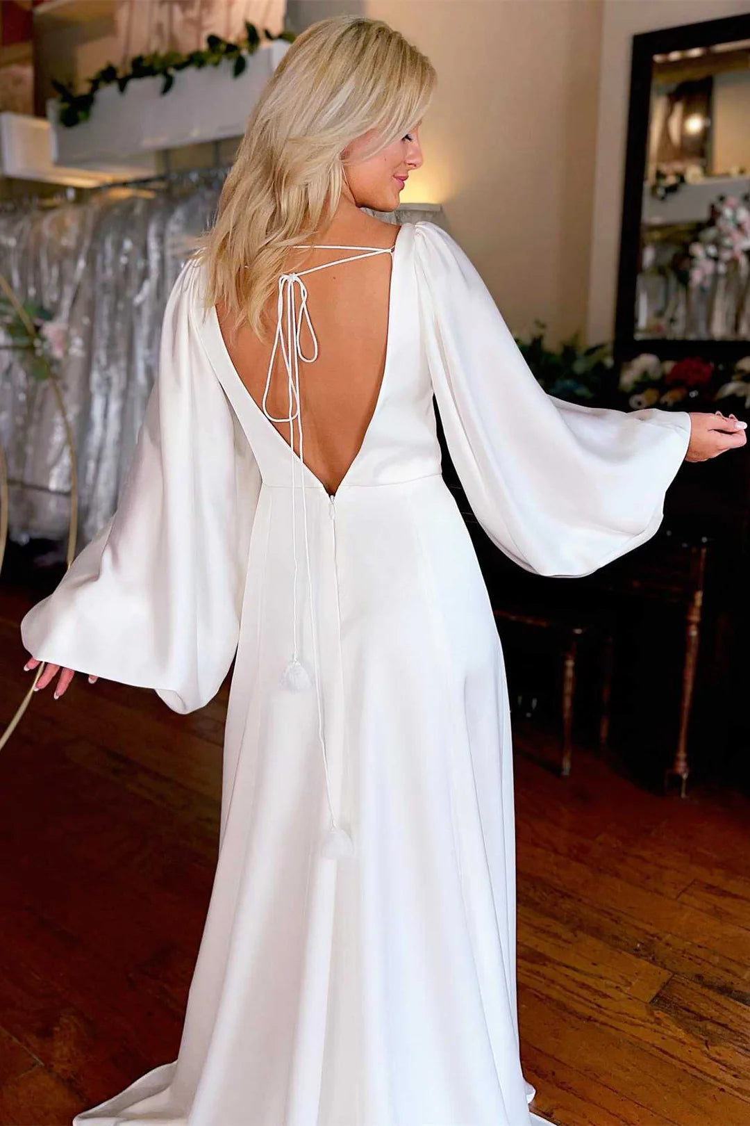 Long White Wedding Dresses V-Neck Slit with Sleeves Backless - MyChicDress