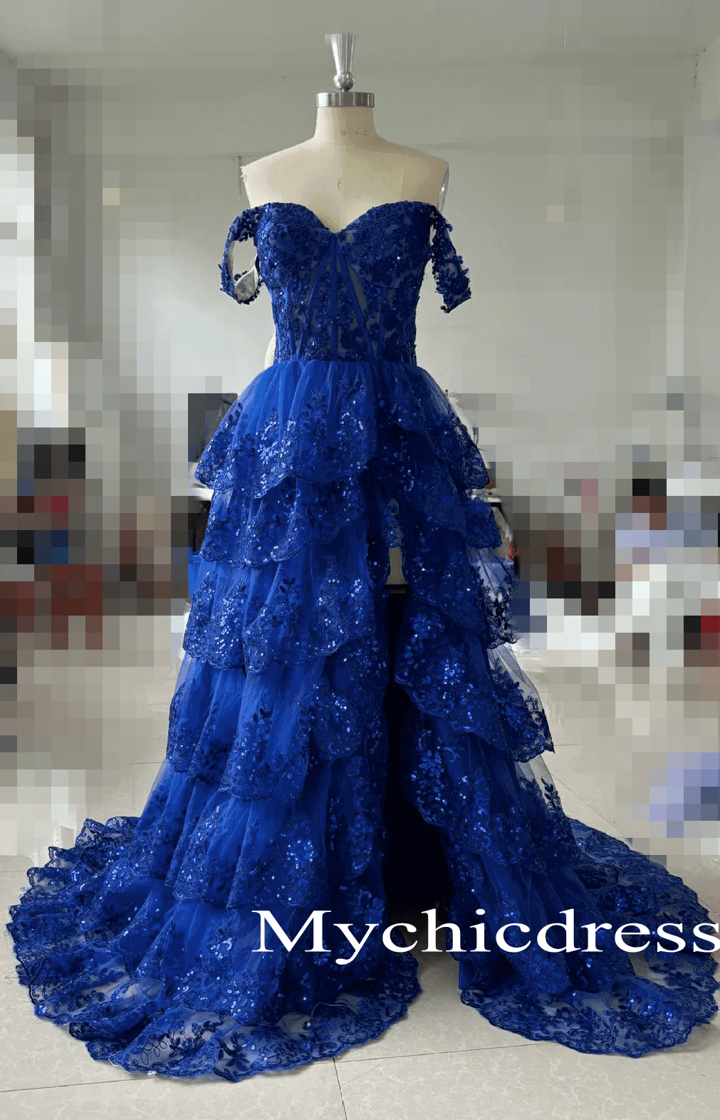 Long Lace Tiered Formal Dress Off the Shoulder Applique Sleeveless - MyChicDress