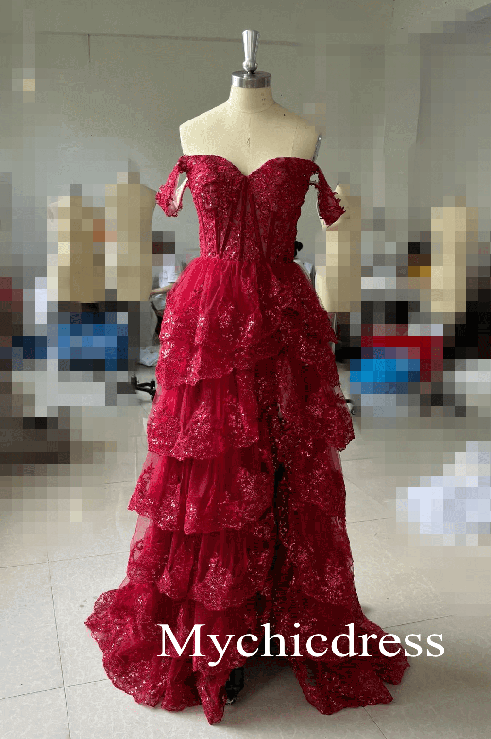 Long Lace Tiered Formal Dress Off the Shoulder Applique Sleeveless - MyChicDress