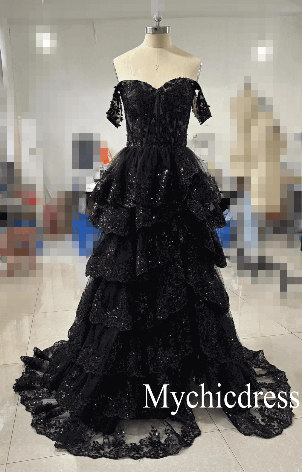 Long Lace Tiered Formal Dress Off the Shoulder Applique Sleeveless - MyChicDress