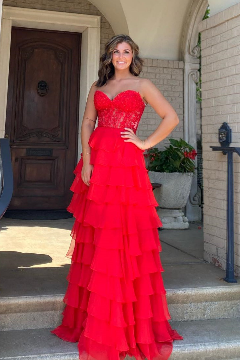 Long Tiered Pink Formal Dresses Corset Lace Prom Dress A-Line - MyChicDress