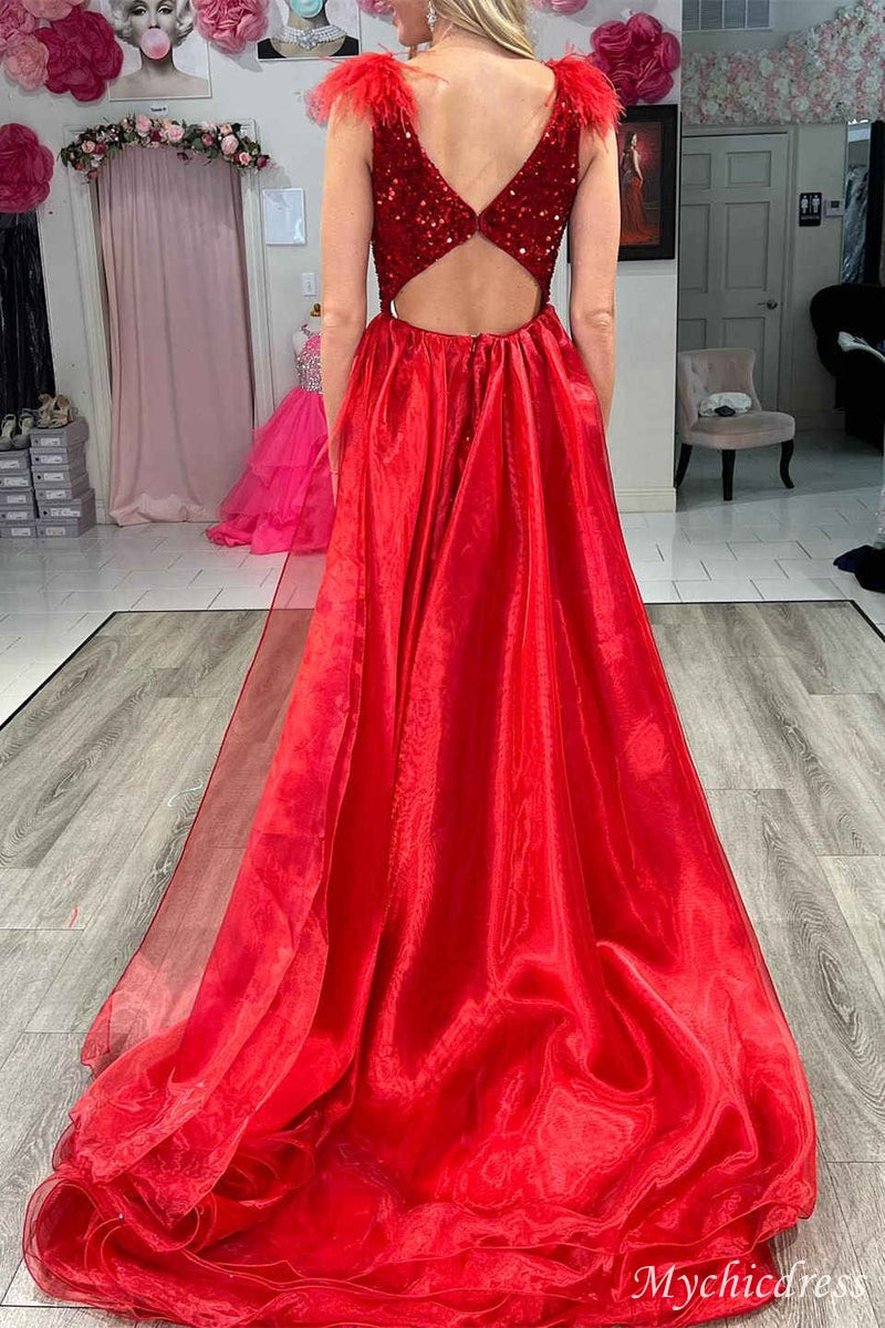 Long red 2024 sequin Mermaid Prom Dresses v-neck with Feathers - MyChicDress