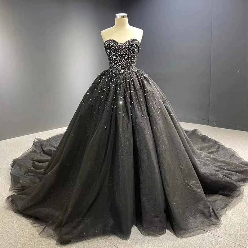 Luxury Crystals Black Wedding Dresses Gothic Sweetheart Tulle Quince Dress MyChicDress
