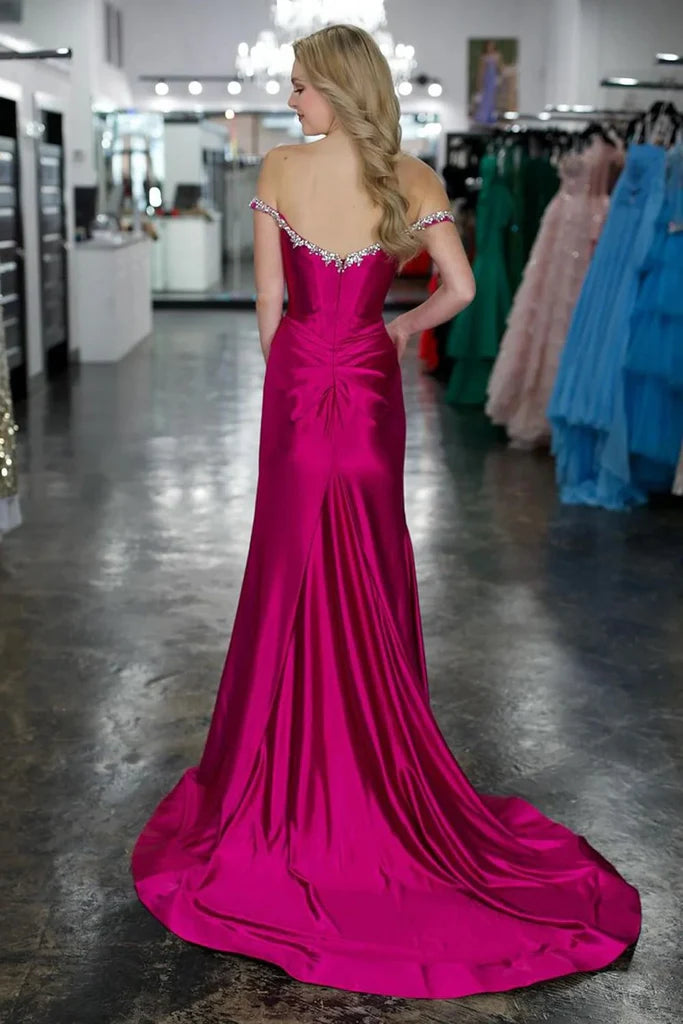 Mermaid Beaded Off the Shoulder fuchsia Prom Formal Dress with Slit