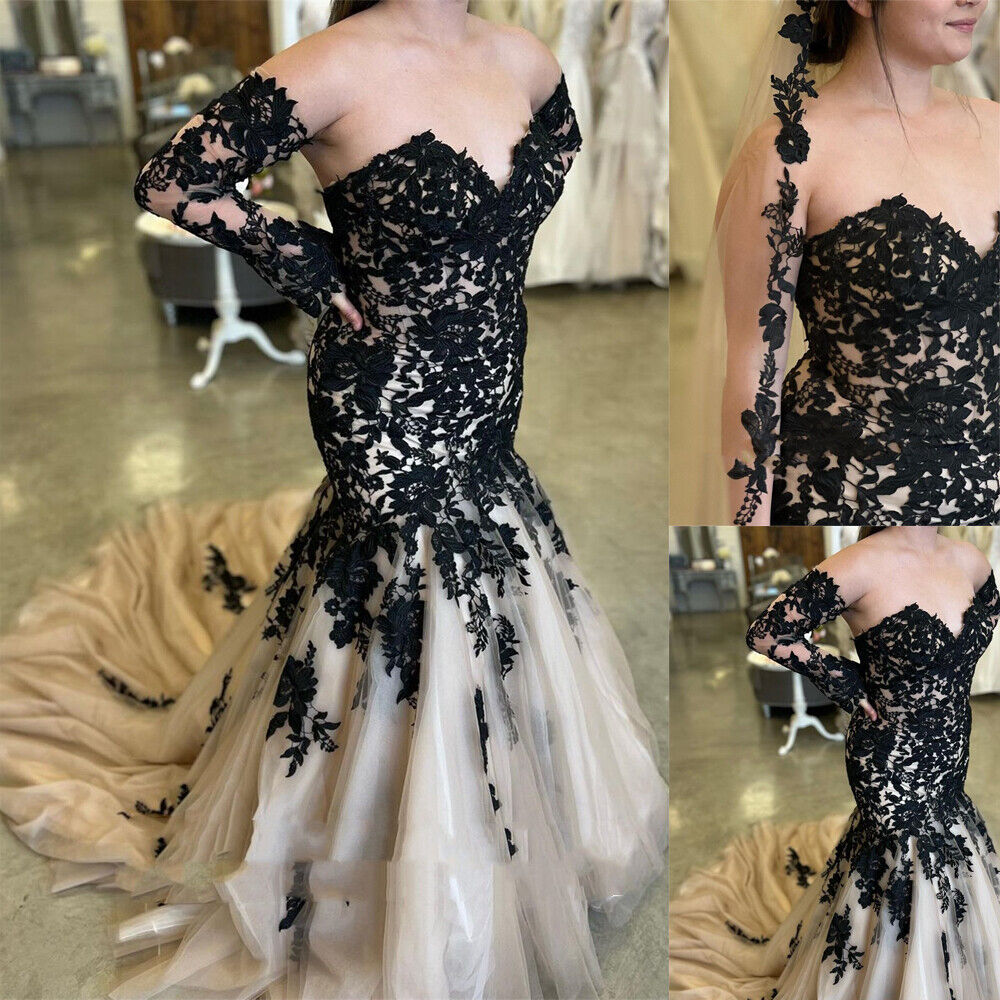 Mermaid Black Champagne Wedding Dresses Lace Strapless Sweep Train MyChicDress