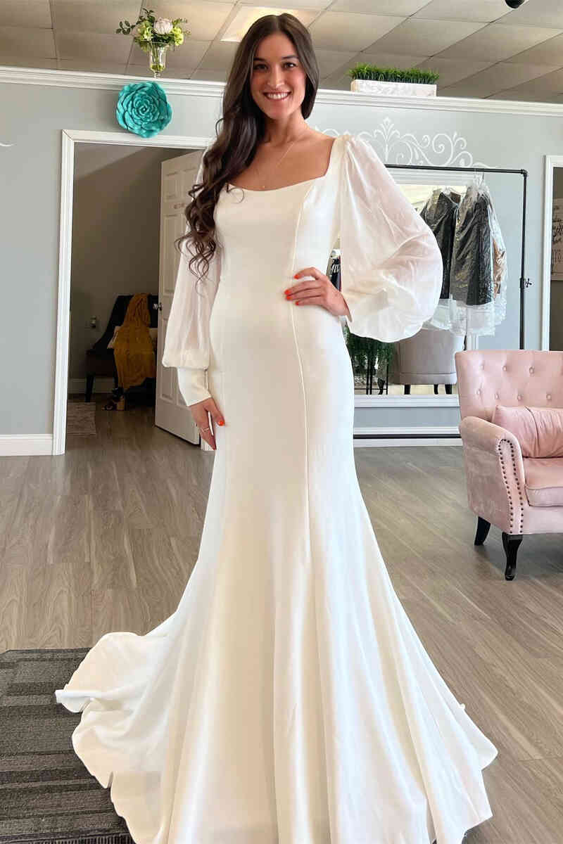 Mermaid Ivory Puffy Long Sleeves Wedding Dress Satin MyChicDress