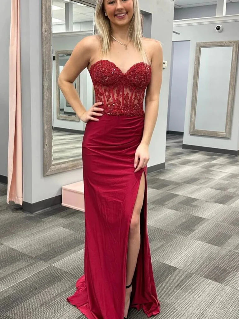 Mermaid Long Beaded Burgundy Lace Prom Dresses Strapless MyChicDress