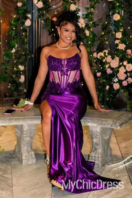 Purple Mermaid Strapless Corset Prom Dress For Black Girls Mychicdress