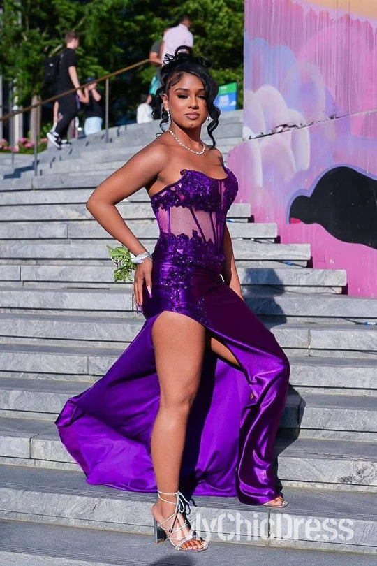 Purple Mermaid Strapless Corset Prom Dress For Black Girls Mychicdress