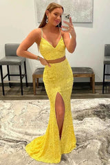 Vestido de fiesta de lentejuelas de 2 piezas con sirena, corazón amarillo con abertura