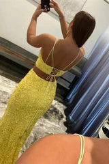 Vestido de fiesta de lentejuelas de 2 piezas con sirena, corazón amarillo con abertura