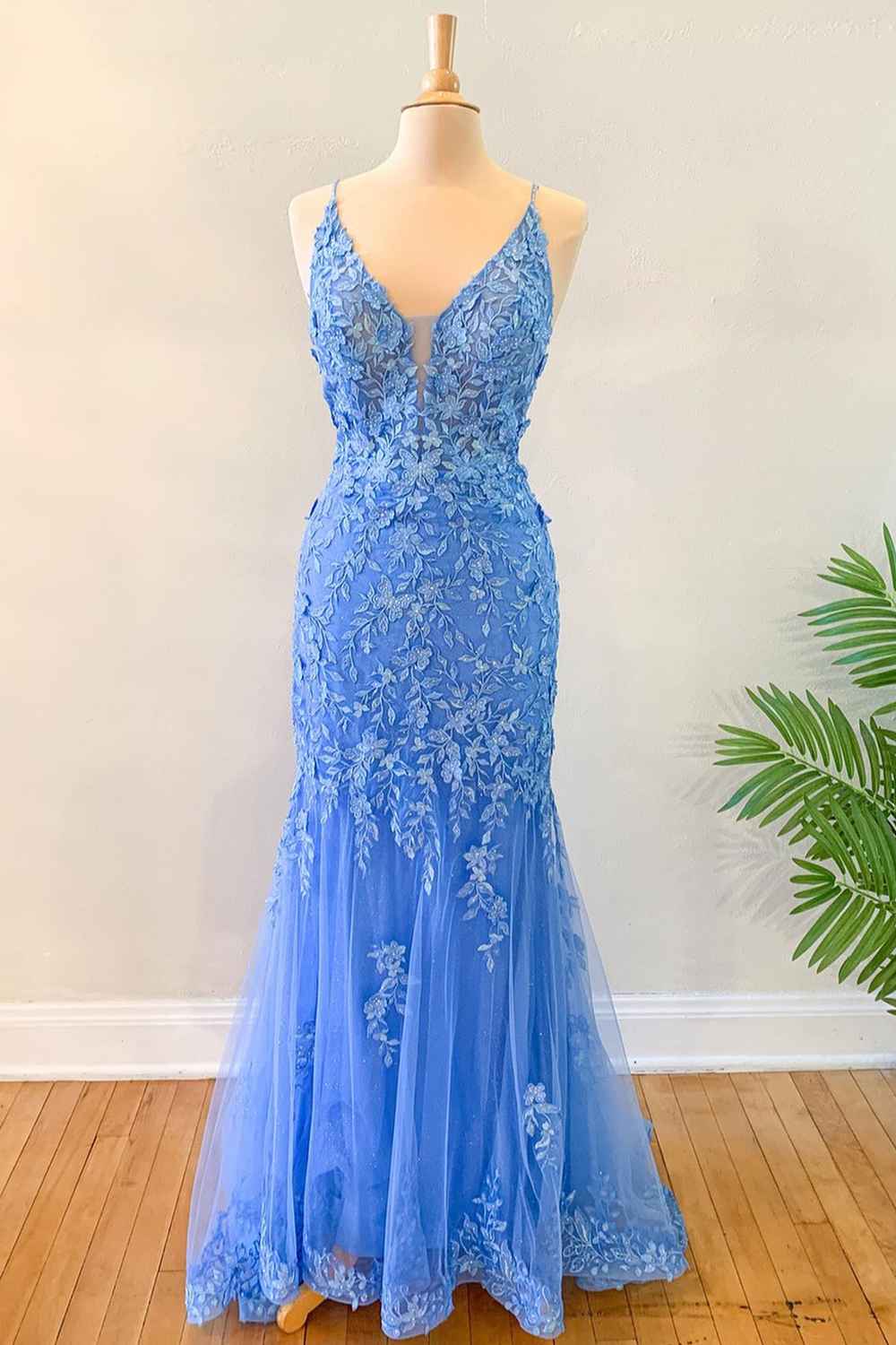 Mermaid Blue Floral Lace Prom Dress Long Evening Dress Appliques - MyChicDress