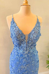 Vestido de fiesta de encaje floral azul sirena Apliques de vestido de noche largo