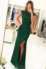 Mermaid Dark Green Sequined Prom Dress Long Winter Formal Dress Cap Sleeves