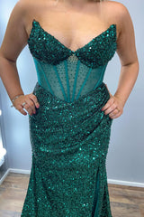 Mermaid Emerald Green Prom Dresses V Neck Sequin Long Evening Dress