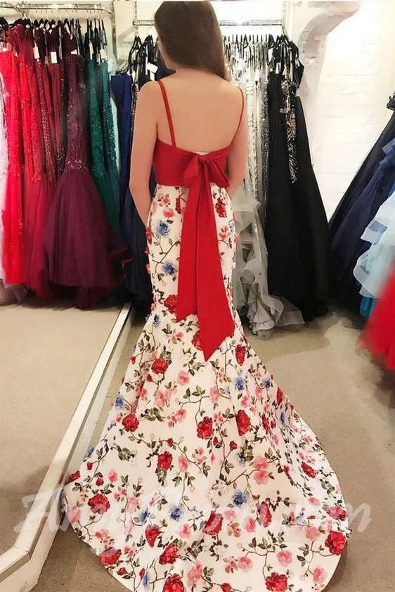 Mermaid Floral Print Red 2 Piece Prom Dresses Spaghetti Strap With Bow - MyChicDress