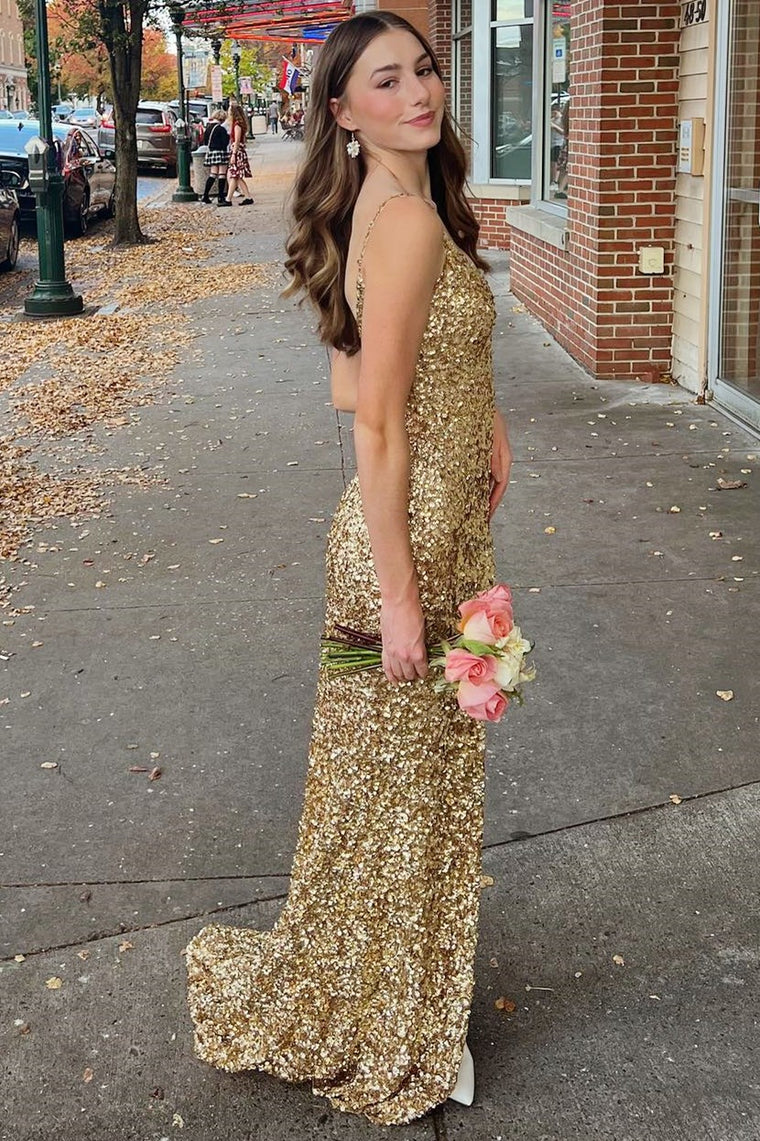 Mermaid Gold Sequin Formal Dress Long V-Neck Grad Dress Backless - MyChicDress