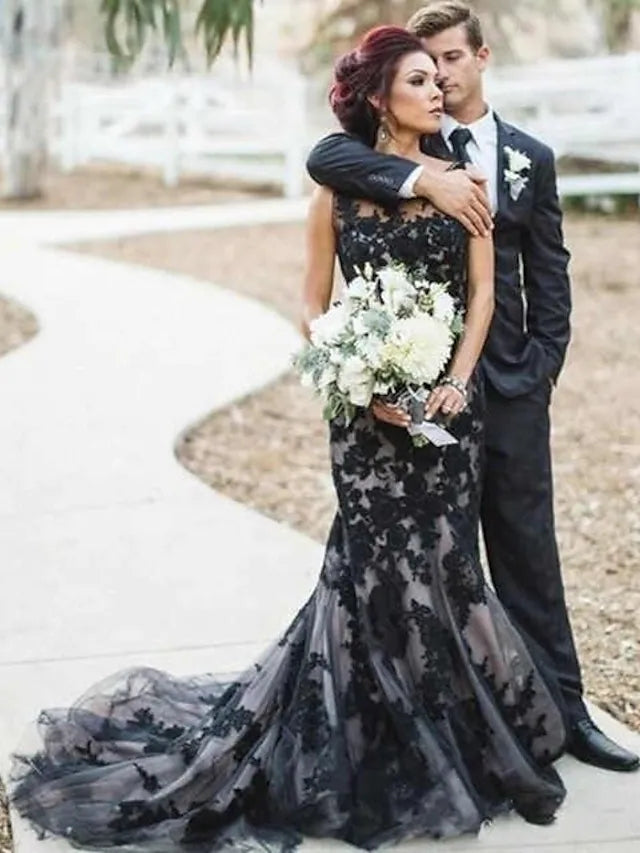 Mermaid Lace Tulle Black Wedding Dress Gothic Bateau Sleeveless