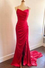 Mermaid Long Red Formal Dresses Ruched Satin for Wedding Guests