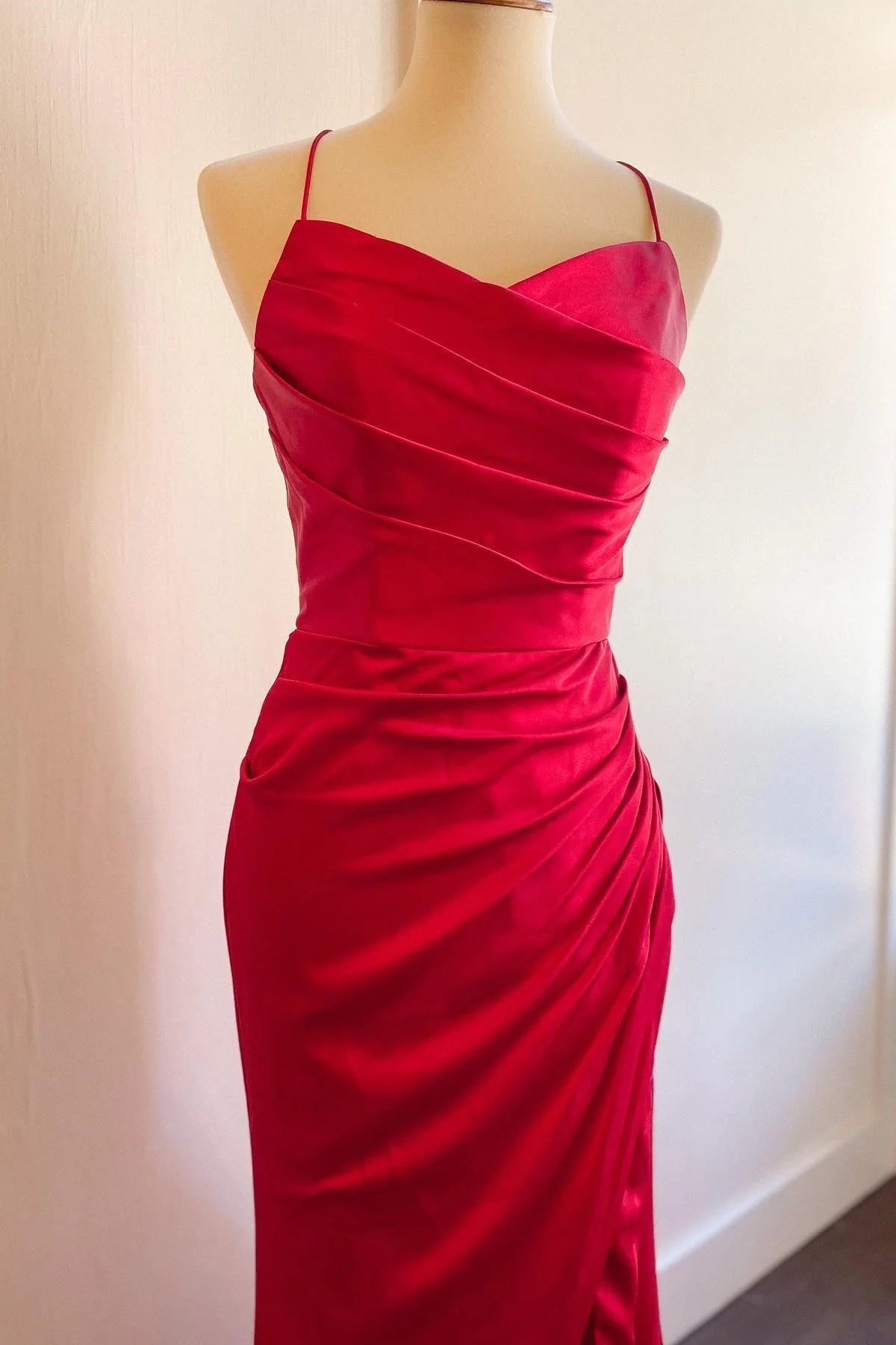 Mermaid Long Red Formal Dresses Ruched Satin for Wedding Guests - MyChicDress
