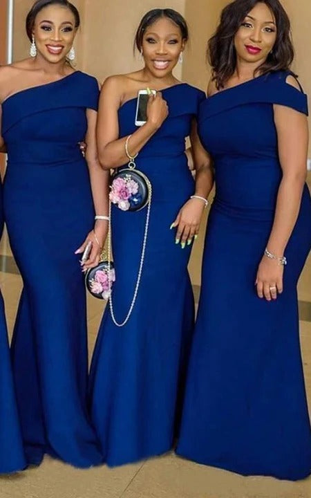 Mermaid One Shoulder Stain Royal Blue Bridesmaid Dresses