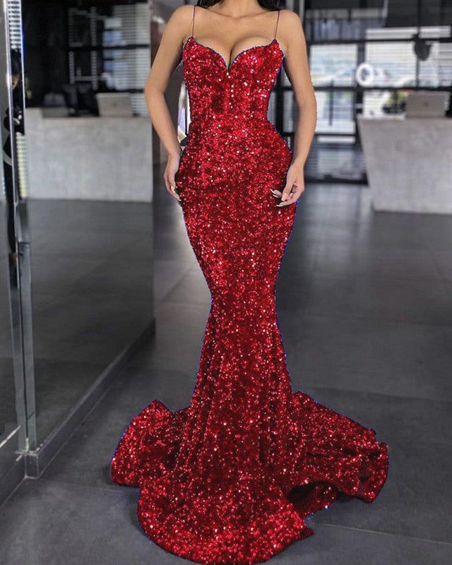 Mermaid  Sequin red Prom Dress VNeck Formal GownSpaghetti Strap