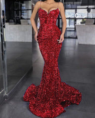 Mermaid  Sequin red Prom Dress VNeck Formal GownSpaghetti Strap